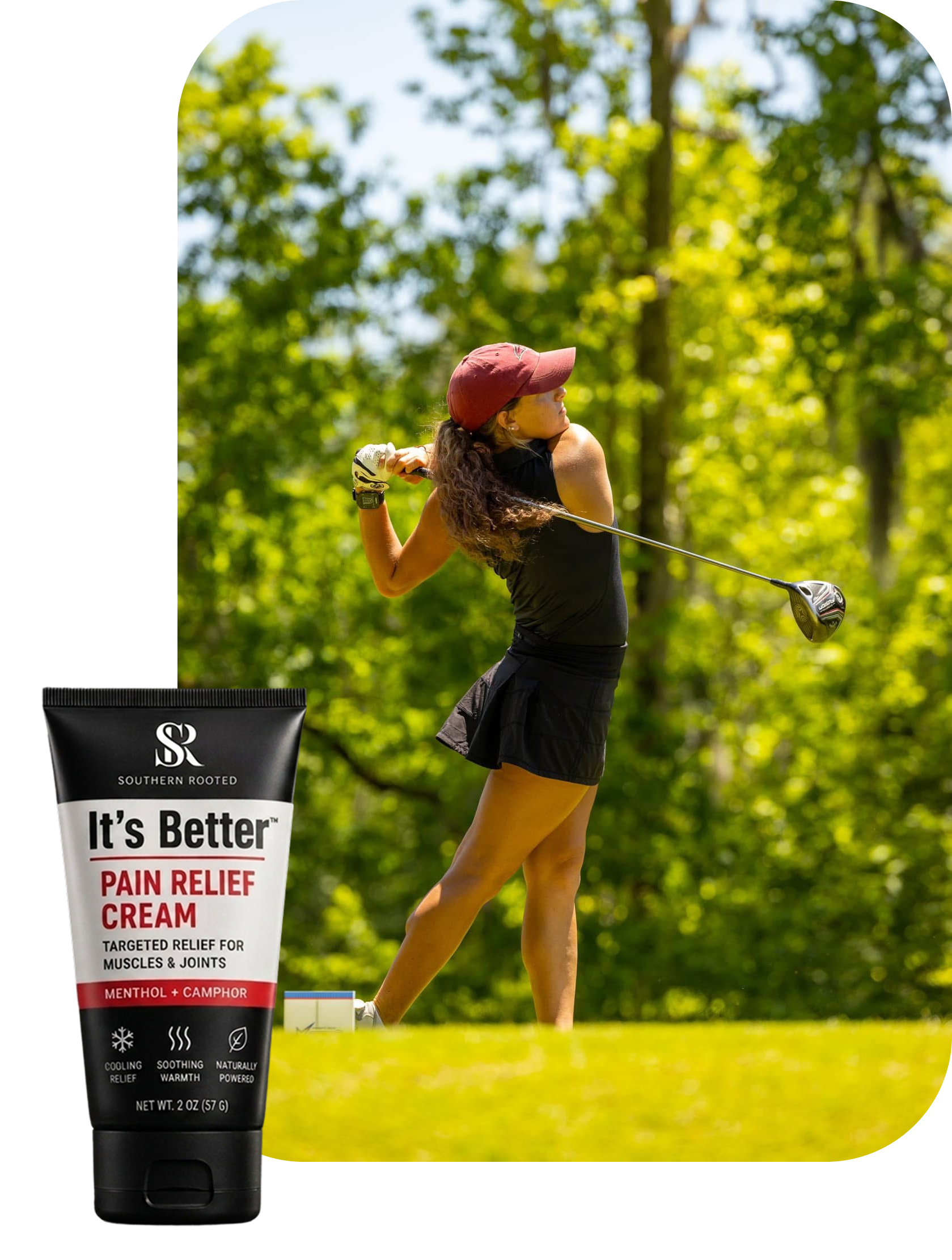 Southern Rooted It's Better Pain Relief Cream beside a golfer mid-swing on a Gulf Coast course
